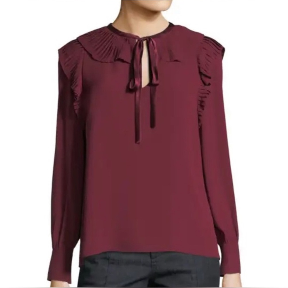 Tory Burch Diana Silk Blouse Ruffled Neck Lined Imperial Garnet Sz 10 - Picture 7 of 9